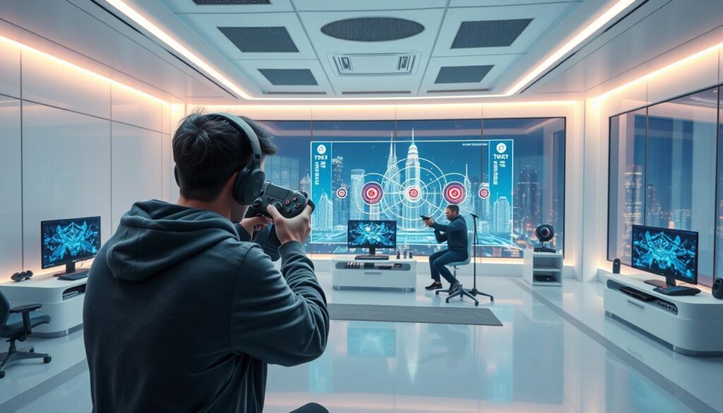 A highly detailed, hyper-realistic 3D rendering of a professional esports player performing target practice drills in a sleek, futuristic training facility. The player is shown in the foreground, tightly gripping a high-tech gaming controller as they expertly track and eliminate virtual targets that appear across a large holographic display. The middle ground features an array of cutting-edge gaming peripherals, monitors, and other state-of-the-art equipment. The background showcases the immaculate, minimalist architecture of the training space, with large windows offering a view of a vibrant, neon-lit cityscape at night. The scene is illuminated by cool, directional lighting that casts dramatic shadows, heightening the intensity and precision of the gameplay.