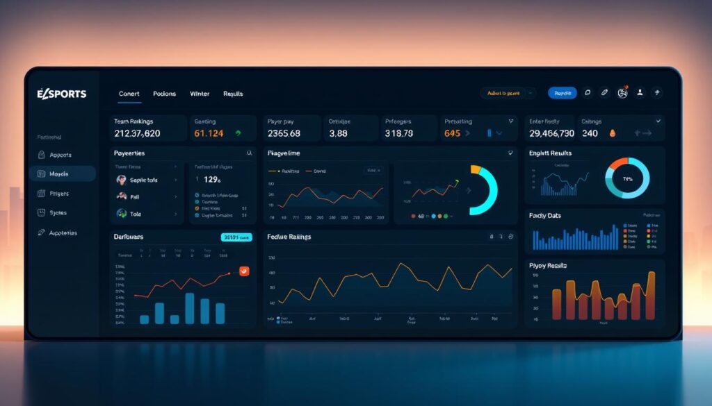 A sleek, minimalist dashboard displaying esports progress tracking metrics. In the foreground, a series of interactive charts and graphs showing key performance indicators such as team rankings, player statistics, and match results. The middle ground features a clean, data-driven UI with elegant visualizations and intuitive controls. The background is a subtle, futuristic cityscape, hinting at the high-tech, competitive nature of the esports industry. Soft, directional lighting casts a warm glow, creating a sense of professionalism and authority. The overall atmosphere conveys a balance of analytical rigor and cutting-edge technology, perfectly suited for tracking the progress of elite competitive gamers.