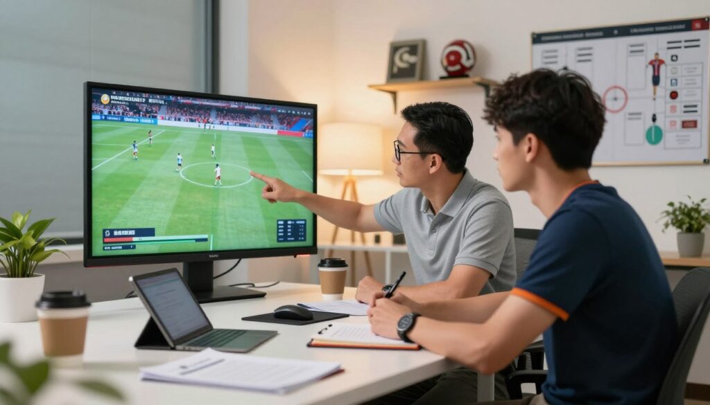 A coach and player reviewing game footage together, analyzing strategy on a screen.