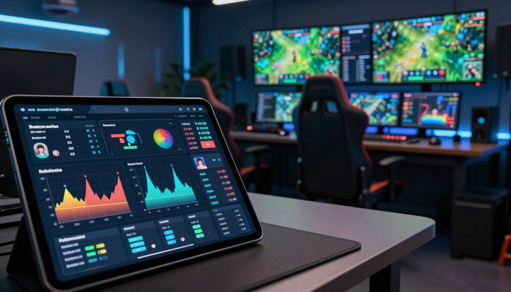 A detailed performance dashboard showing esports analytics tools and data visualizations