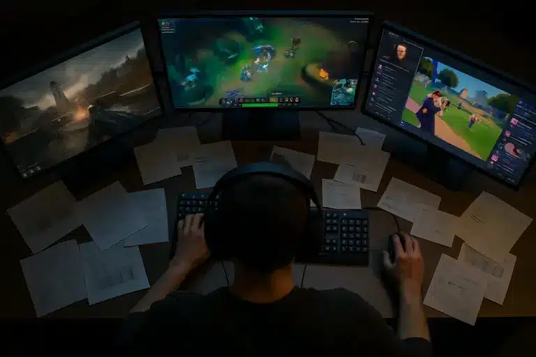 Controller beside a streaming device and television in a gaming room