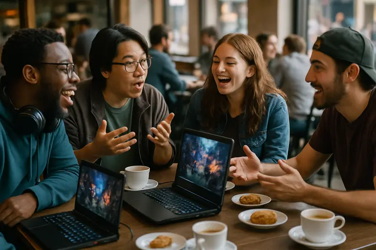 Developer workstation with update notes and a multiplayer lobby on screen