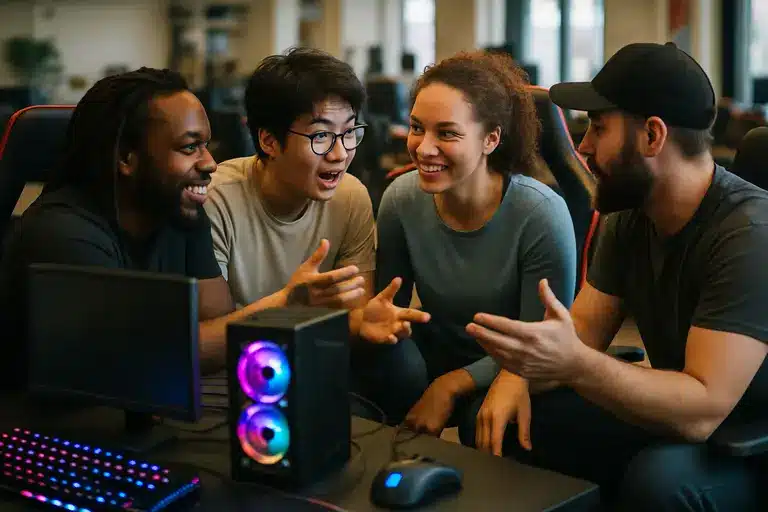 Gaming devices on a desk showing different ways to play
