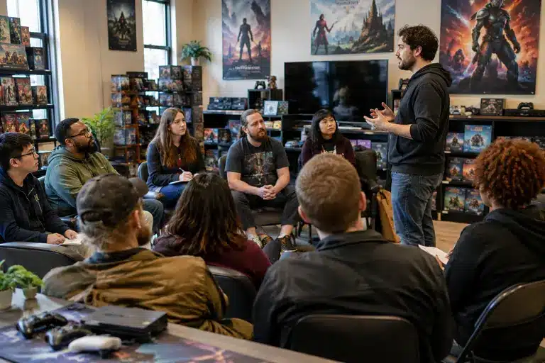 Group of players discussing a gaming subscription on a living room screen
