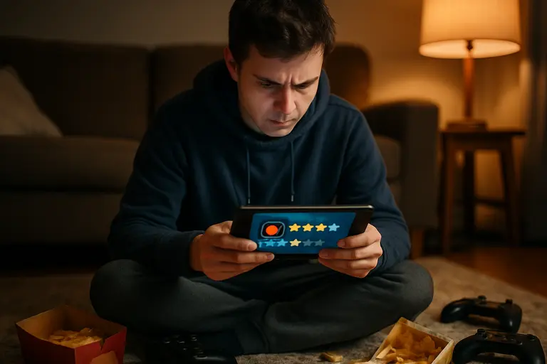 Person playing a streamed game on a handheld device in a quiet room