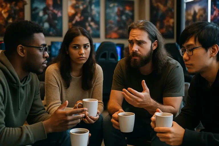 Players gathered around a couch discussing games on a shared screen