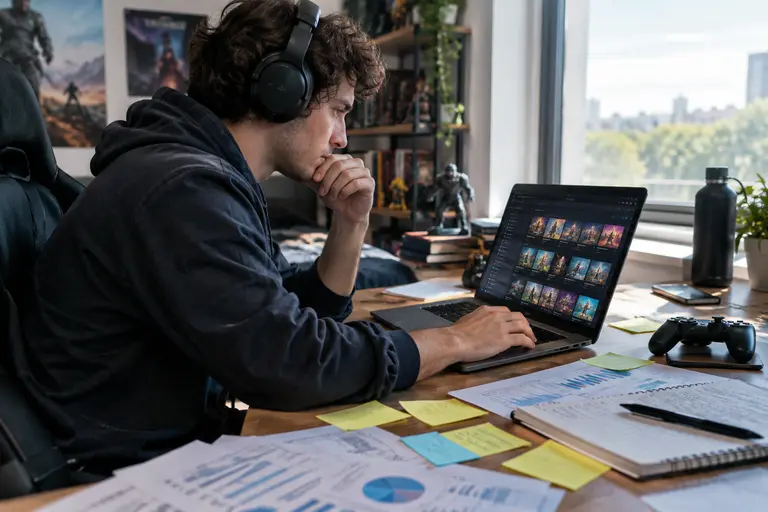 Two players comparing subscription game options on a large display